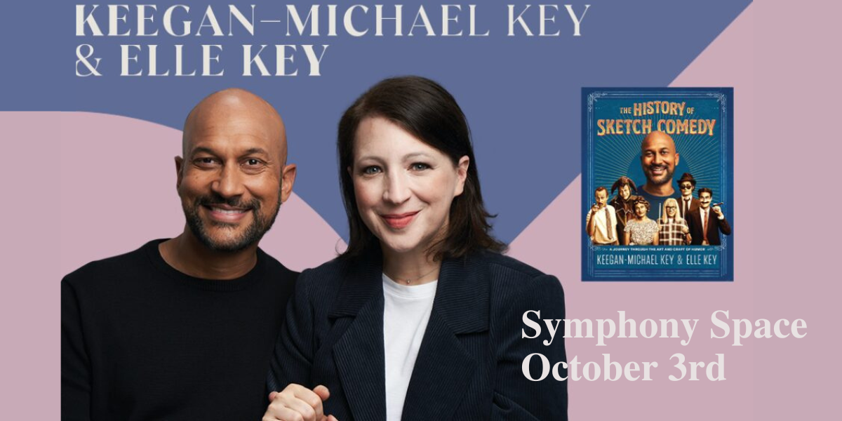 Keegan Michael Key and Elle Key smile together in front of their new book, The History of Sketch Comedy
